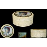 A Superb 19th Century French Carved Ivory Powder Box With Portrait Miniature To Lid Signed Claveau