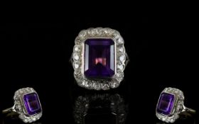 18ct Gold - Superb Quality Amethyst and Diamond Set Cluster Dress Ring,