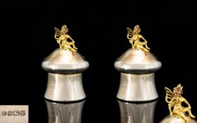 Sterling Silver Pair of Novelty Gilt Pill Boxes In The Form of a Tooth Fairy Sitting Upon a Large
