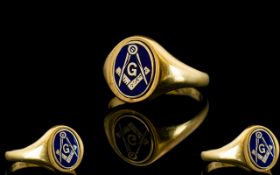 Masonic 9ct Gold and Enamel Set Ring, Fully Hallmarked for 9ct gold, 375.