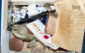 Mixed Box Of Collectables To Include Candle Holder, Ephemera, Tourist Spoons, Various Ceramics Etc.