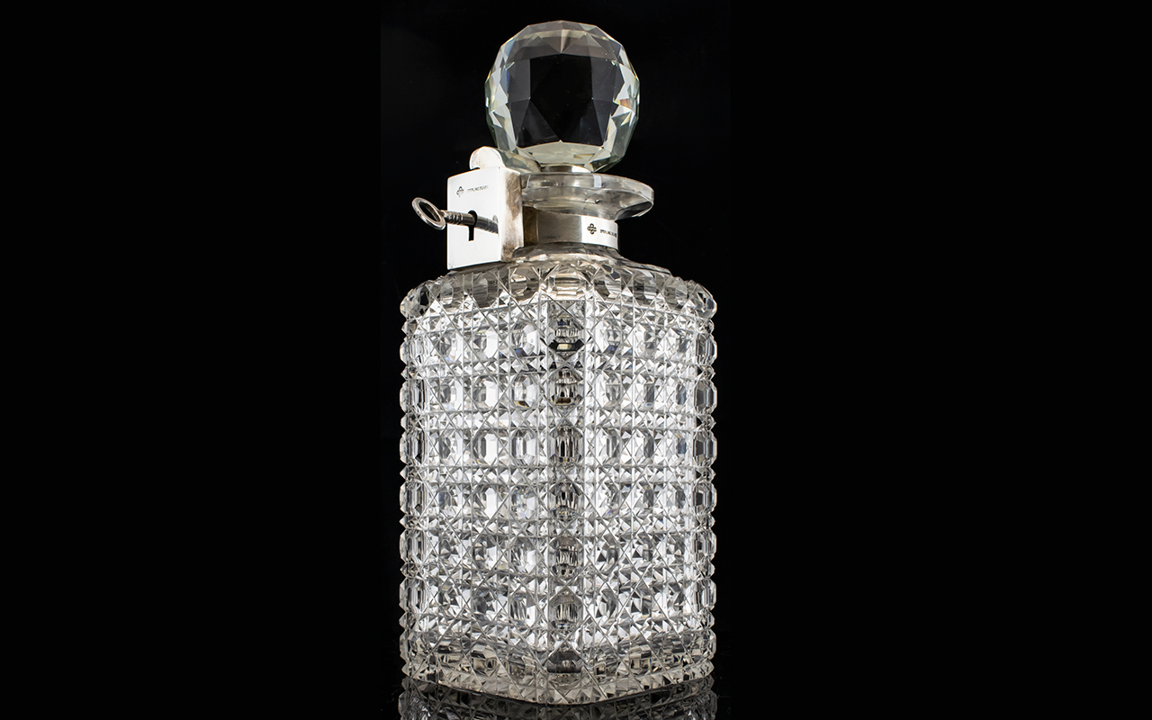 English Late 19th Century Stunning Sterling Silver and Hobnail Cut Crystal Locking Decanter - For - Image 2 of 3