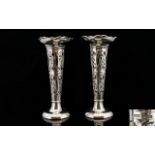 Art Nouveau Tulip Shaped Pair of Silver Candlesticks of Tapered Form.