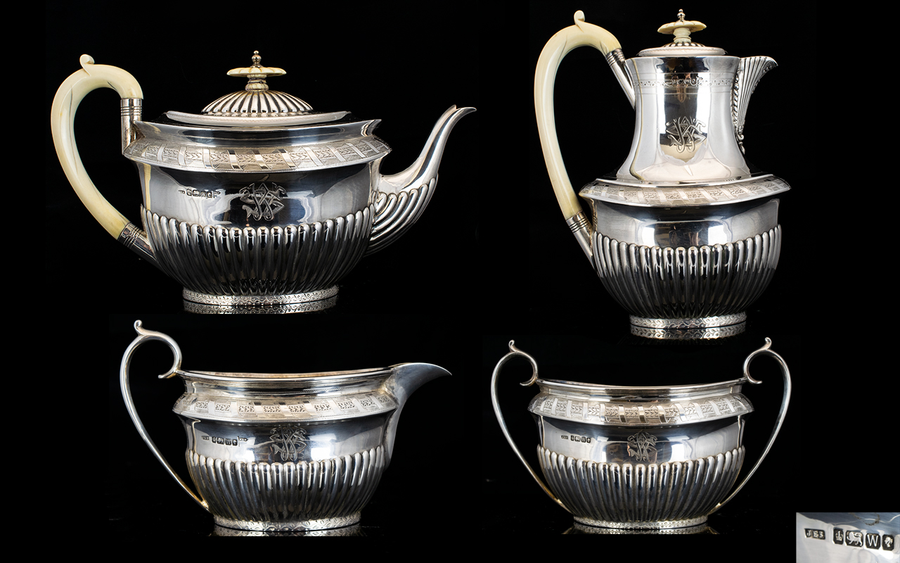 Walker And Hall Victorian Period Attractive Solid Silver Four Piece Tea And Coffee Service With