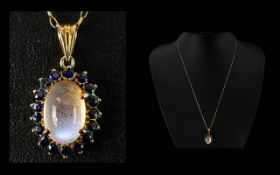 9ct Gold Attractive Sapphire and Moonstone Oval Shaped Pendant - Attached to a 9ct Gold Chain.