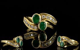 Ladies - Attractive 18ct Gold Emerald and Diamond Set Dress Ring ( Snake Eye ) Design,
