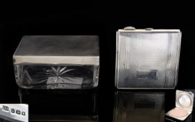 1920's - Ladies Nice Quality Square Shaped Silver Compact with Engine Turned Front and Back Cover,