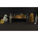 A Mixed Collection Of Oriental Items To include two carved soapstone figural monkey ornaments,