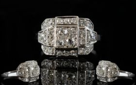 French Art Deco Diamond Cluster Ring, Pave Set With Round Brilliant Cut Diamonds, Continental