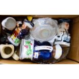 A Box of Assorted Ceramics and Glassware including various character jugs.