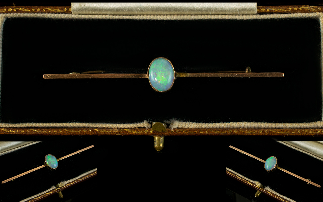 Antique Period 9ct Gold - Opal Set Pin / Stick Brooch of Elongated Shape,