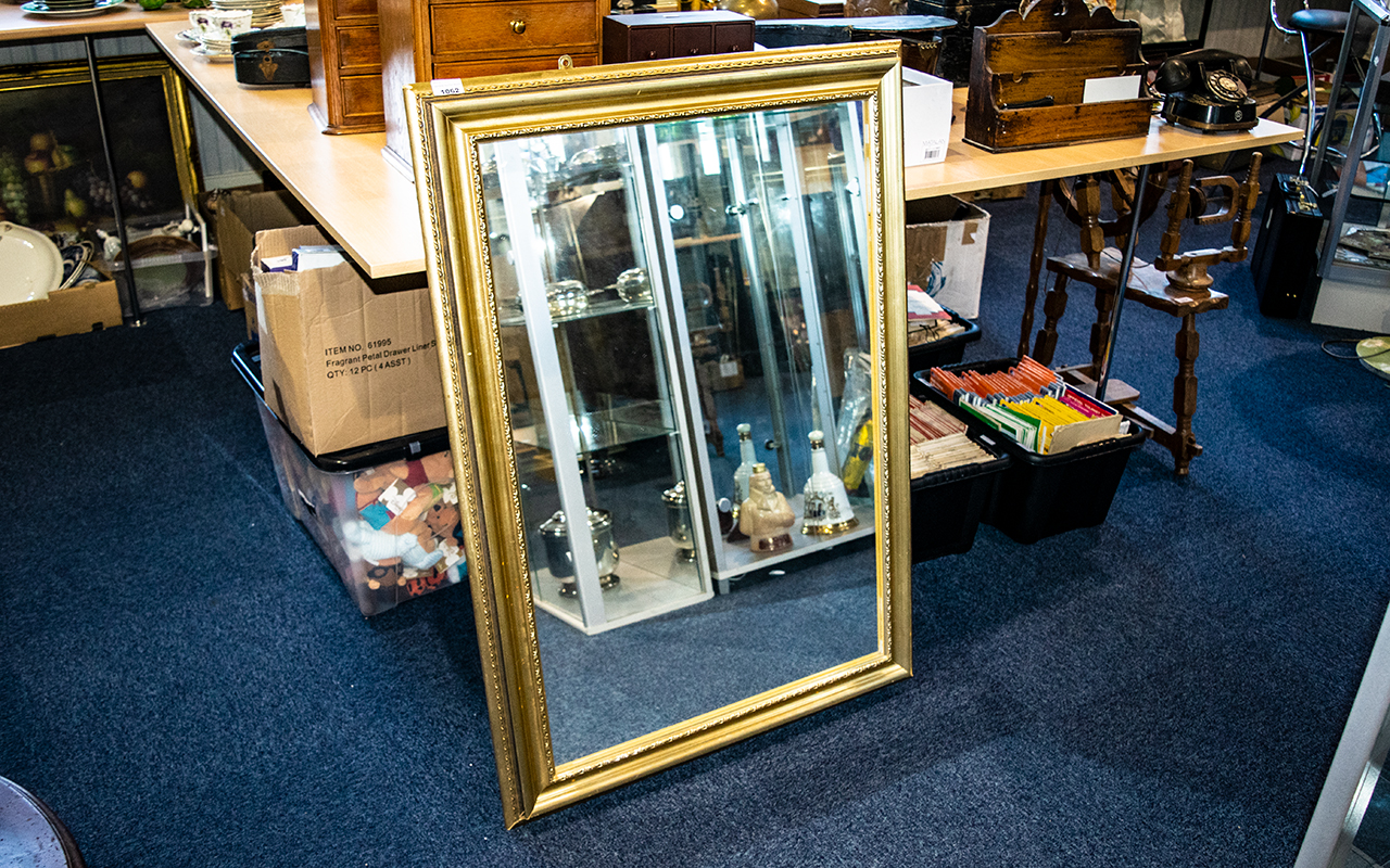 Gilt Framed Mirror Large modern square form mirror in plae gilt frame. 29.5 x 42 inches, overall