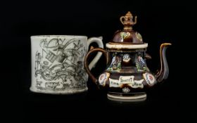 Barge Ware Miniature Teapot Brown treacle glaze with painted raised bird and floral figures and