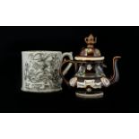 Barge Ware Miniature Teapot Brown treacle glaze with painted raised bird and floral figures and