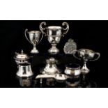 A Mixed Collection Of Silver And Metal Items To include three twin handle trophies, inkwell,