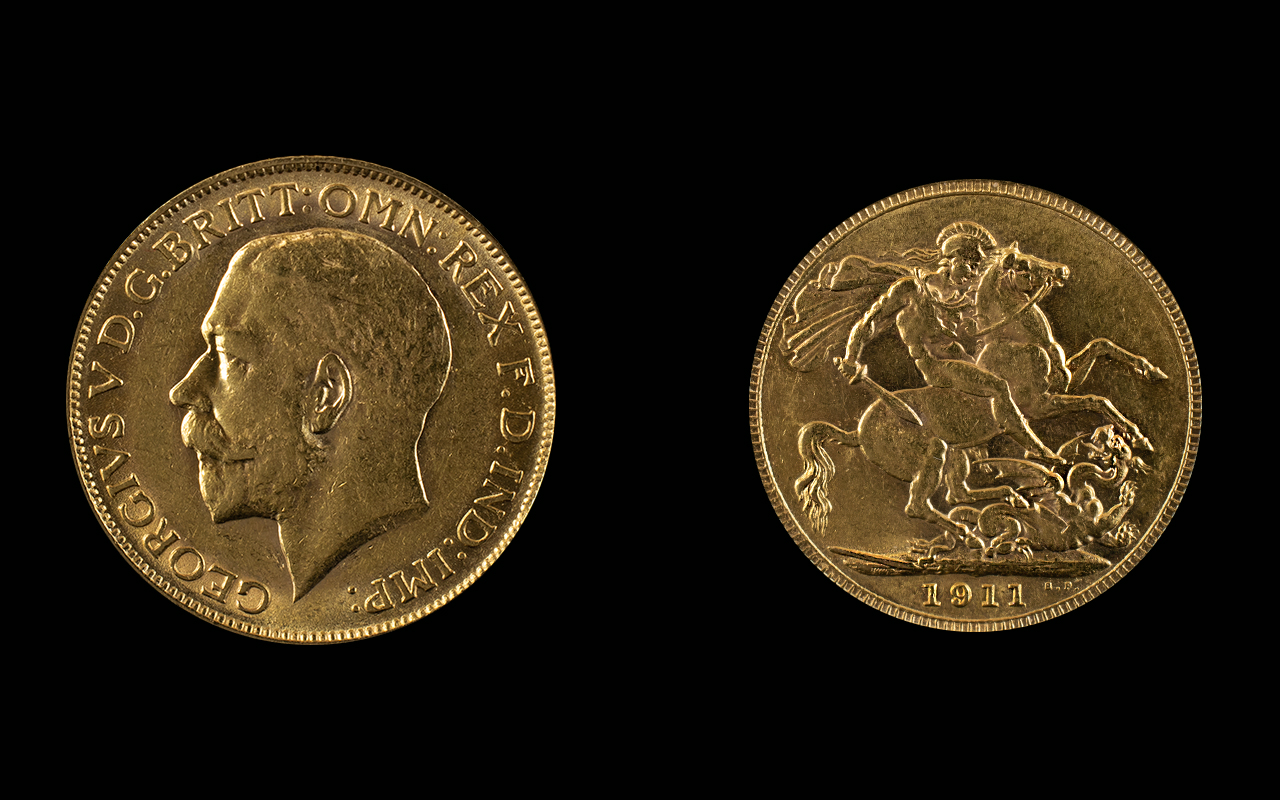 George V 22ct Gold Full Sovereign - Date 1911. London Mint - High Grade Coin. Weight 7.98 grams.