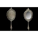 Dutch - 19th Century Superb Quality Cast Solid Silver / Ornately Decorated Hand Mirror,