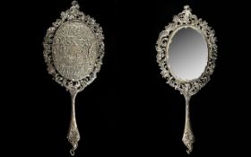 Dutch - 19th Century Superb Quality Cast Solid Silver / Ornately Decorated Hand Mirror,