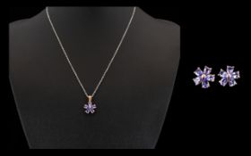 Tanzanite Flower Stud Earrings and Matching Pendant,