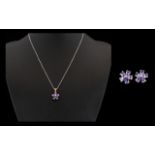 Tanzanite Flower Stud Earrings and Matching Pendant,