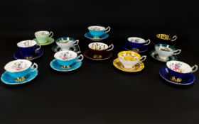 Set of Queen Anne Bone China Cups & Saucers - 8 Queen Anne cups and saucers in various colours: