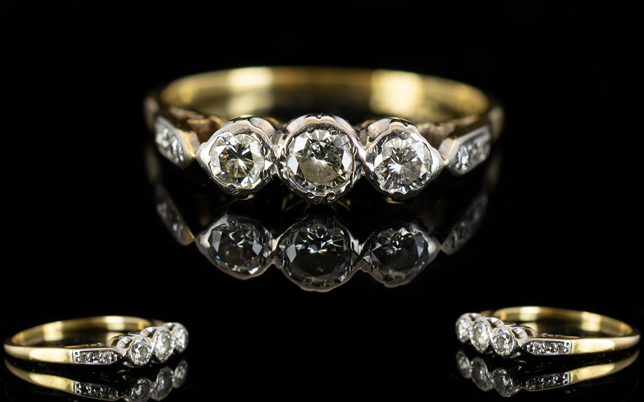 18ct Gold and Platinum Diamond Set 3 Stone Dress Ring. c.1920's.