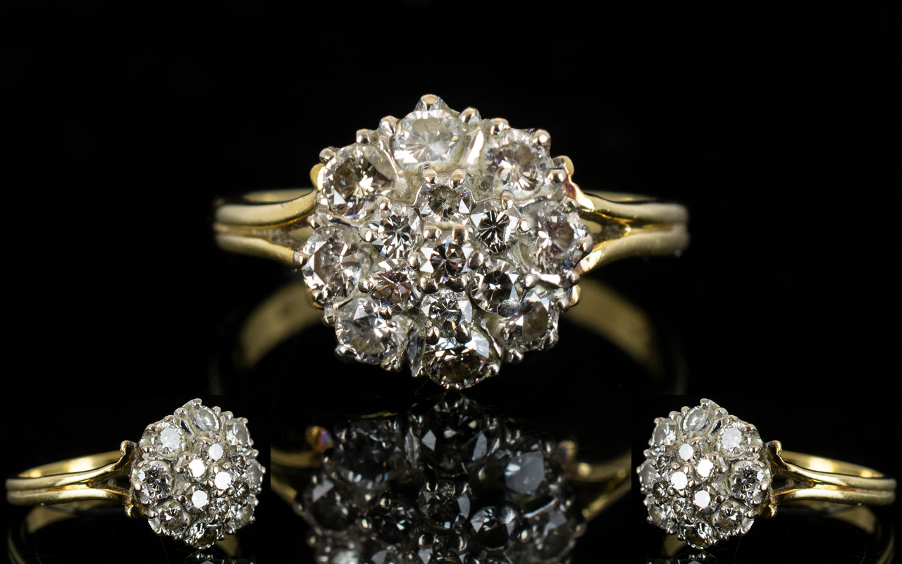 18ct Gold - 1930's Diamond Set Cluster Ring, Flower head Design.