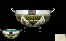 Antique Wedgwood Majolica Centerpiece Bowl In Bird And Fan Pattern With Silver Plated Base Rim And