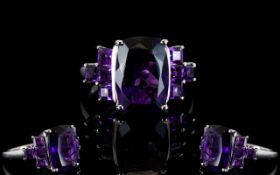 Amethyst Cushion and Square Cut Ring, an elongated cushion cut solitaire amethyst of 6cts,