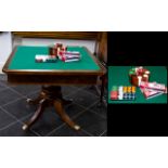Inlaid Gaming Table Square form 20th century table raised on quatrefoil base with brass castor feet.