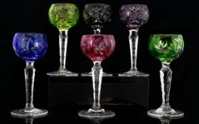 Viennese Cut and Faceted Set of Six Harlequin Multi - Coloured Drinking Glasses. c.1960's. Each 4.