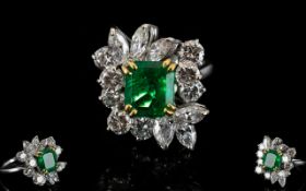 Art Deco Period 18ct White Gold - Superb and Attractive Emerald and Diamond Set Cocktail Ring, The