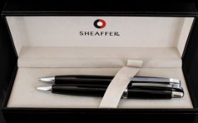 Sheaffer Chrome Plate Trim Ball Point Pen/Pencil Set complete with black case. As new condition.