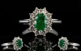 Ladies - Nice Quality Diamond and Emerald Set Cluster Ring, Flower head Design,