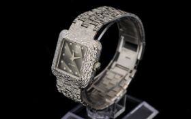 Tissot - Stylish Mechanical Wind Solid Silver Bark Finish Square Faced Black Dial Ladies Wrist