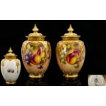 Royal Worcester Pair of Superb Quality Hand Painted and Signed Lidded Fruits Vases ' Fallen Fruits