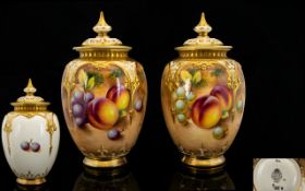 Royal Worcester Pair of Superb Quality Hand Painted and Signed Lidded Fruits Vases ' Fallen Fruits