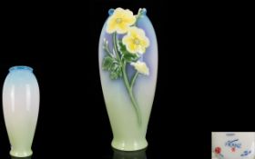 Franz - Fine Porcelain Hand Painted Buttercup Vase ' Yellow Butterflies ' on Sky Blue Ground.