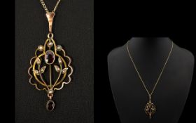 Victorian Period - 9ct Gold Garnet and Seed Pearl Set Open worked Pendant Drop of Attractive Form