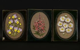 Three Jiegantofta Sweden Floral Ceramic Wall Hanging Plaques Earthenware tiles with raised floral