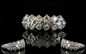 White Gold Diamond Cluster Ring Set with three rows of 19 round modern brilliant cut diamonds, all