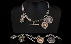 Antique Period Silver Albert Chain with Attached Silver Fobs / Medals / T-Bar.