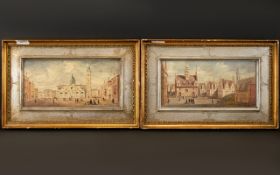 A Pair Of Continental Oil On Canvas Street Scenes Each depicting figures amongst architecture,