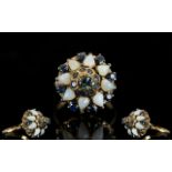14ct Opal and Sapphire Set Dress Ring, Ornate Setting, Flower head Design. c.1970's, Marked 14ct.