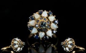 14ct Opal and Sapphire Set Dress Ring, Ornate Setting, Flower head Design. c.1970's, Marked 14ct.