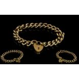 9ct Solid Gold - Unisex Curb Bracelet with Attached 9ct Gold Shield Shaped Padlock and Safety Chain