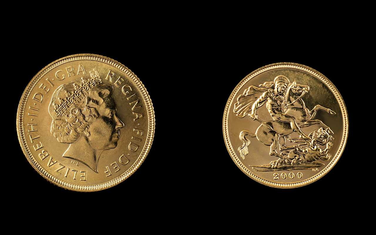 Queen Elizabeth II 22ct Gold Full Sovereign - Date 2000. London Mint & Mint Condition. Weight 7.