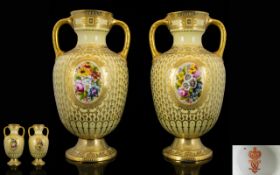 Royal Crown Derby Rare and Superb Pair of Hand Painted Twin Handle Vases. Date 1889.