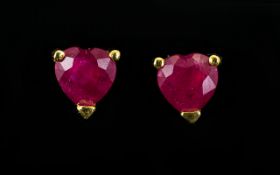 Ruby Heart Stud Earrings, solitaire heart cut rubies of excellent colour, totalling 1.