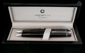 Sheaffer Chrome Plate Trim Ball Point Pen/Pencil Set complete with black gloss case with grey